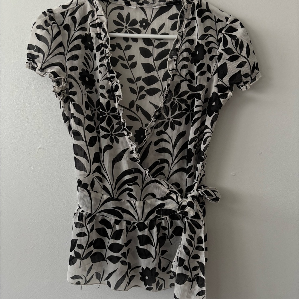 Floral Wrap Top - Black and White